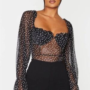 PrettyLittleThing Black Sheer Polka Dot Bodysuit